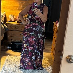 SLNY Burgundy Floral Tiered Maxi Dress